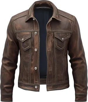 Mens Dark Brown Trucker Denim Style Jacket Multi Pocket Genuine Leather Jackets