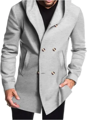 Men's Hooded Double-Breasted Pea Coat Winter Windproof Trench Overcoat with Pockets