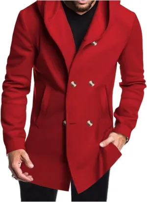 Men's Hooded Double-Breasted Pea Coat Winter Windproof Trench Overcoat with Pockets