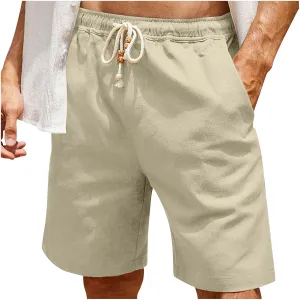 Mens Linen Shorts 2024 Summer Beach Shorts Flat Front Classic Fit 11 Inch Inseam Elastic Waist Shorts Casual Drawstring Short