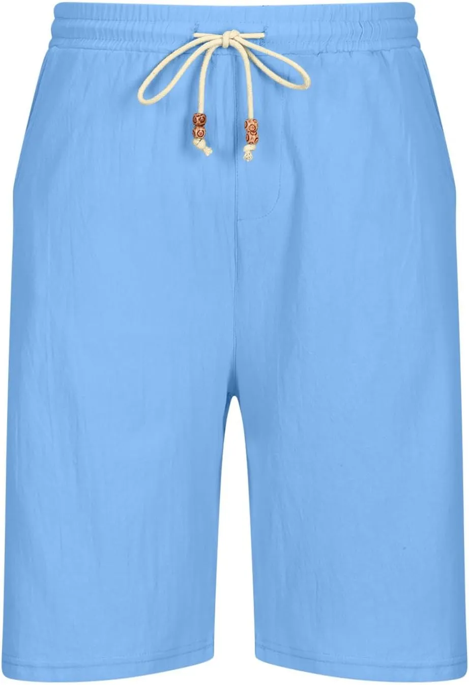 Mens Linen Shorts 2024 Summer Beach Shorts Flat Front Classic Fit 11 Inch Inseam Elastic Waist Shorts Casual Drawstring Short