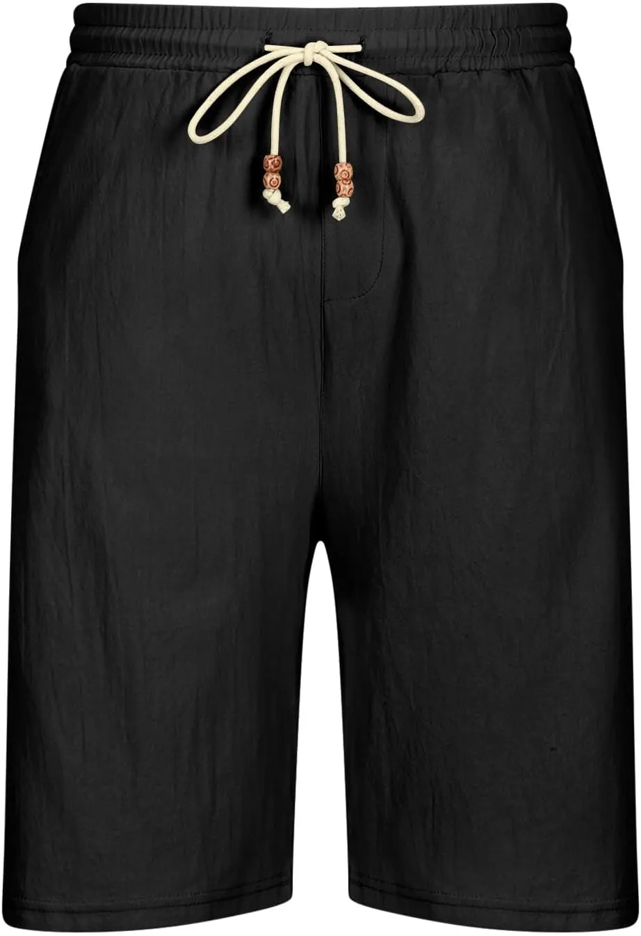 Mens Linen Shorts 2024 Summer Beach Shorts Flat Front Classic Fit 11 Inch Inseam Elastic Waist Shorts Casual Drawstring Short