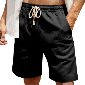 Mens Linen Shorts 2024 Summer Beach Shorts Flat Front Classic Fit 11 Inch Inseam Elastic Waist Shorts Casual Drawstring Short