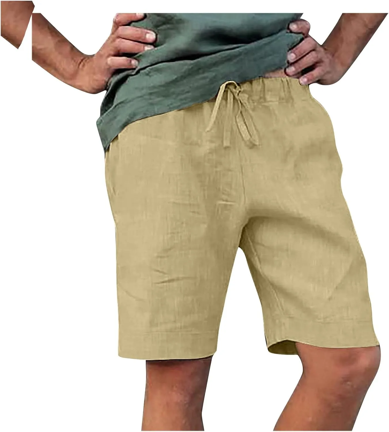 Mens Linen Shorts Casual Elastic Waist Drawstring Lightweight Summer Beach Golf Shorts with Pockets