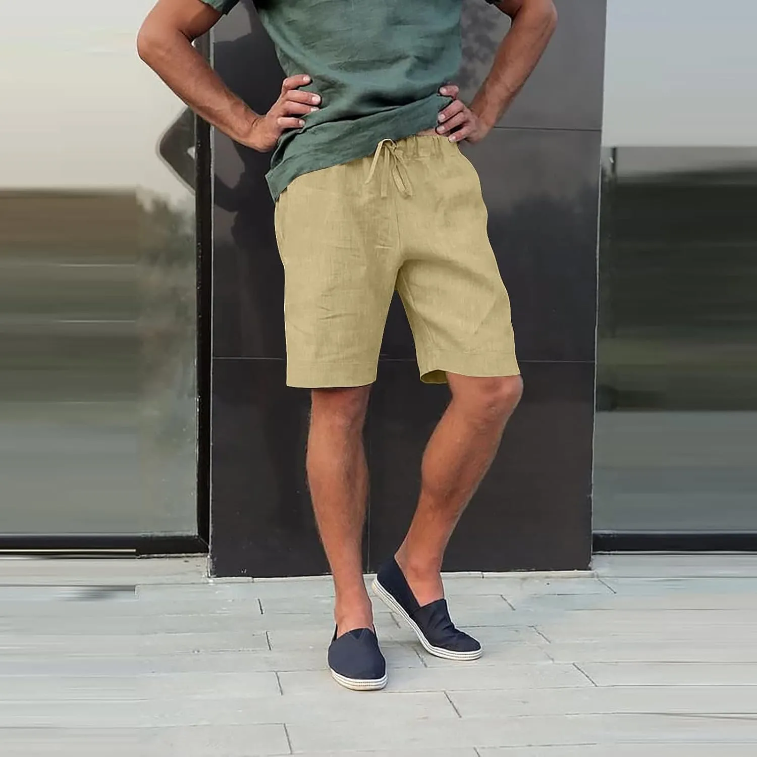 Mens Linen Shorts Casual Elastic Waist Drawstring Lightweight Summer Beach Golf Shorts with Pockets