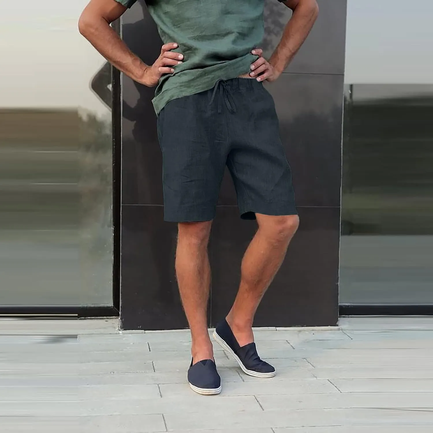 Mens Linen Shorts Casual Elastic Waist Drawstring Lightweight Summer Beach Golf Shorts with Pockets