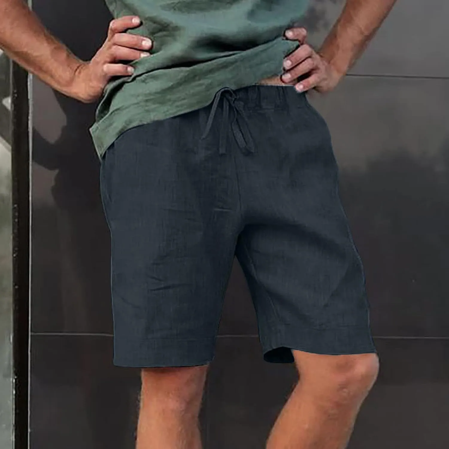 Mens Linen Shorts Casual Elastic Waist Drawstring Lightweight Summer Beach Golf Shorts with Pockets