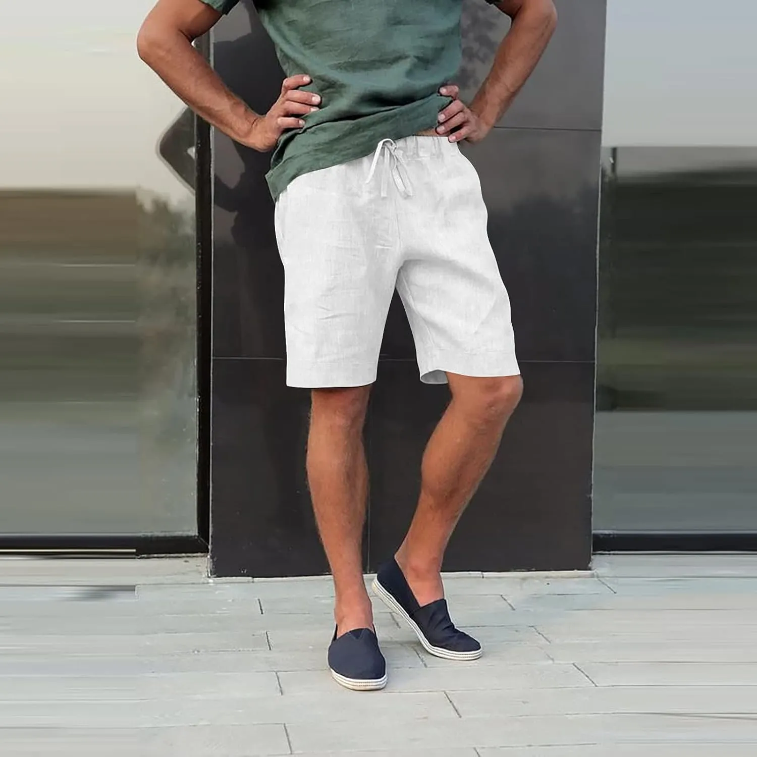 Mens Linen Shorts Casual Elastic Waist Drawstring Lightweight Summer Beach Golf Shorts with Pockets