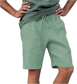 Mens Linen Shorts Casual Elastic Waist Drawstring Lightweight Summer Beach Golf Shorts with Pockets