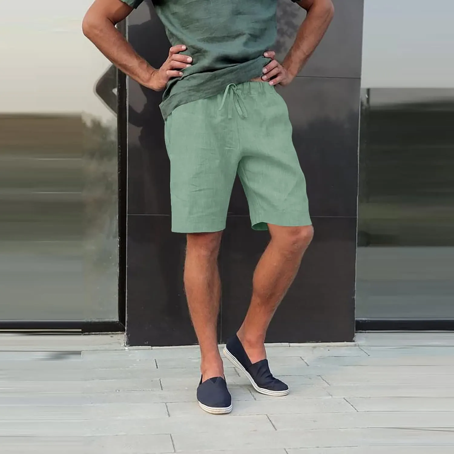 Mens Linen Shorts Casual Elastic Waist Drawstring Lightweight Summer Beach Golf Shorts with Pockets