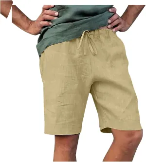 Mens Linen Shorts Casual Elastic Waist Drawstring Lightweight Summer Beach Golf Shorts with Pockets