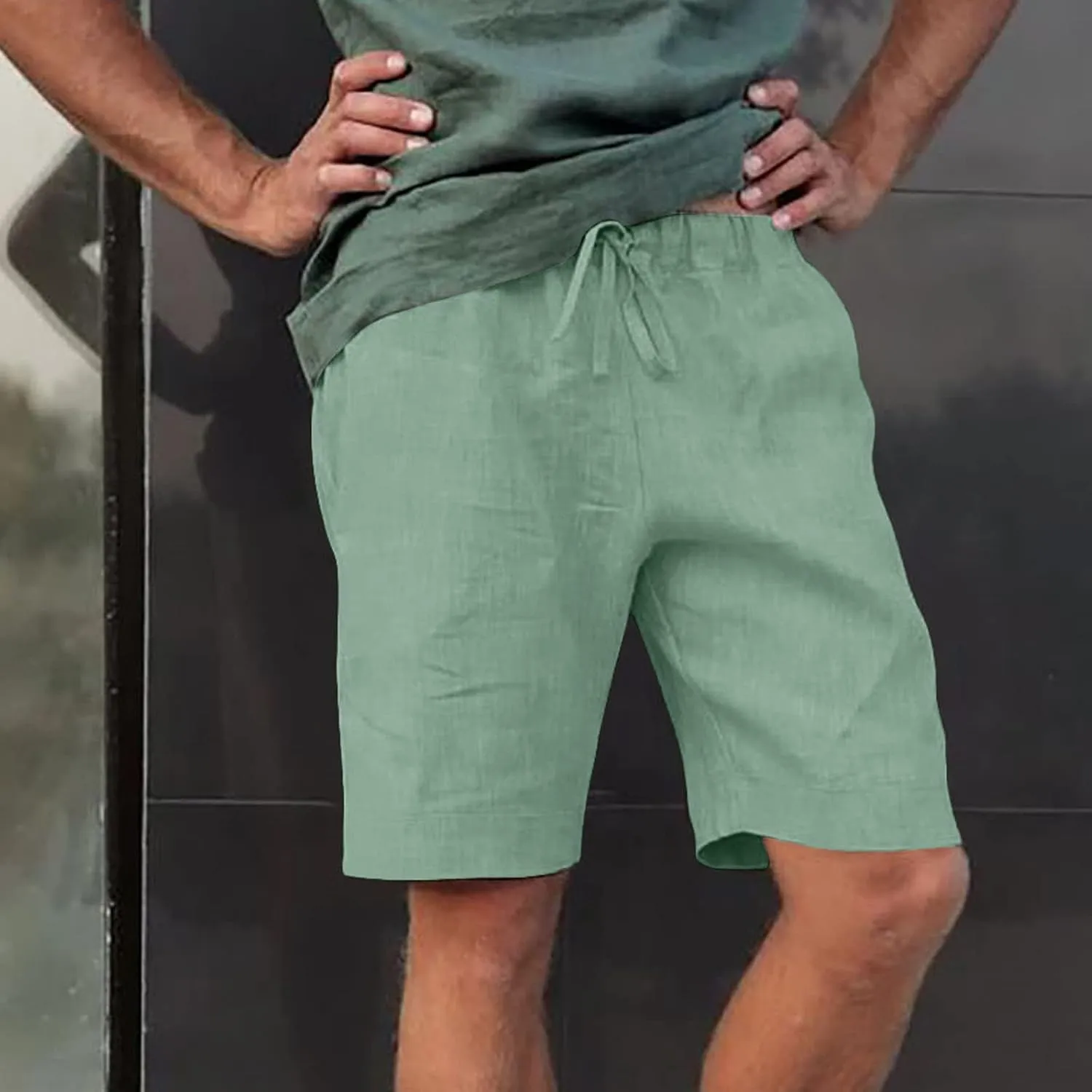 Mens Linen Shorts Casual Elastic Waist Drawstring Lightweight Summer Beach Golf Shorts with Pockets