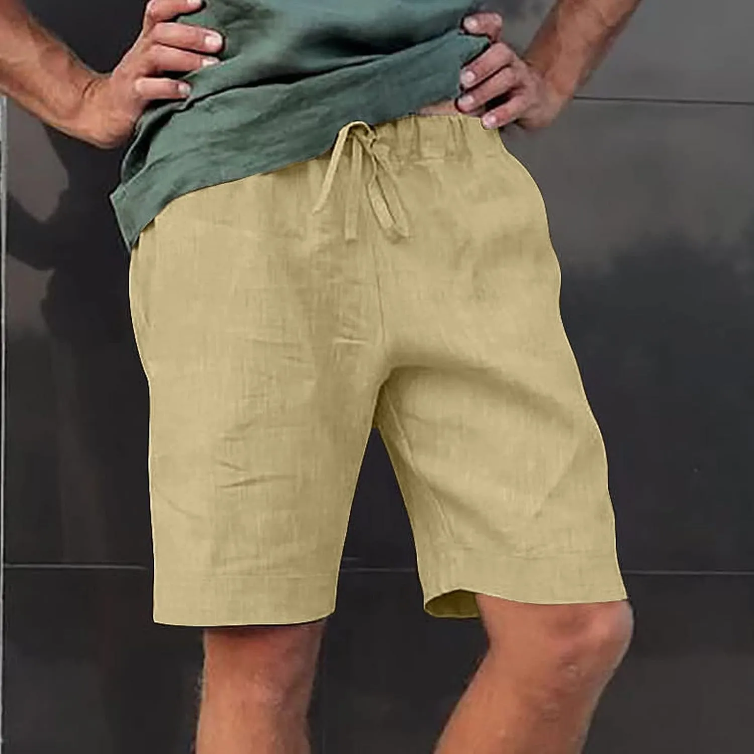 Mens Linen Shorts Casual Elastic Waist Drawstring Lightweight Summer Beach Golf Shorts with Pockets