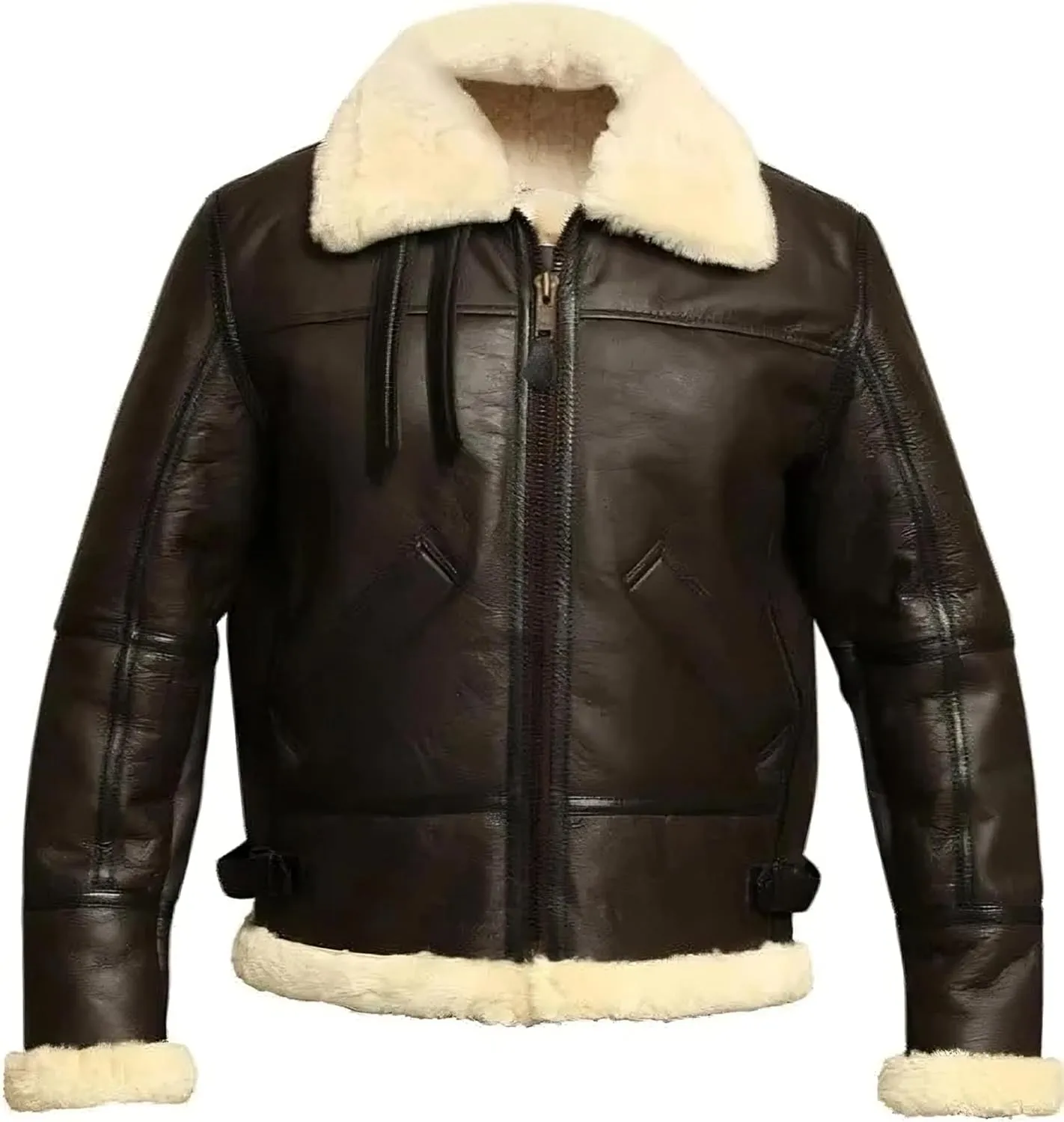 Mens RAF B3 Aviator Bomber Leather Jacket - WW2 Fur Shearling Sheepskin Jacket Men Black/Brown