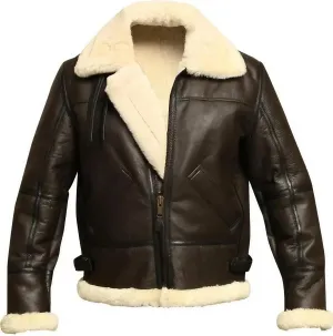 Mens RAF B3 Aviator Bomber Leather Jacket - WW2 Fur Shearling Sheepskin Jacket Men Black/Brown