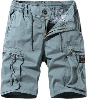 Mens Stretch Shorts Classic Fit Cotton Drawstring Multi Pockets Solid Cargo Shorts Fashion Work Tooling Shorts