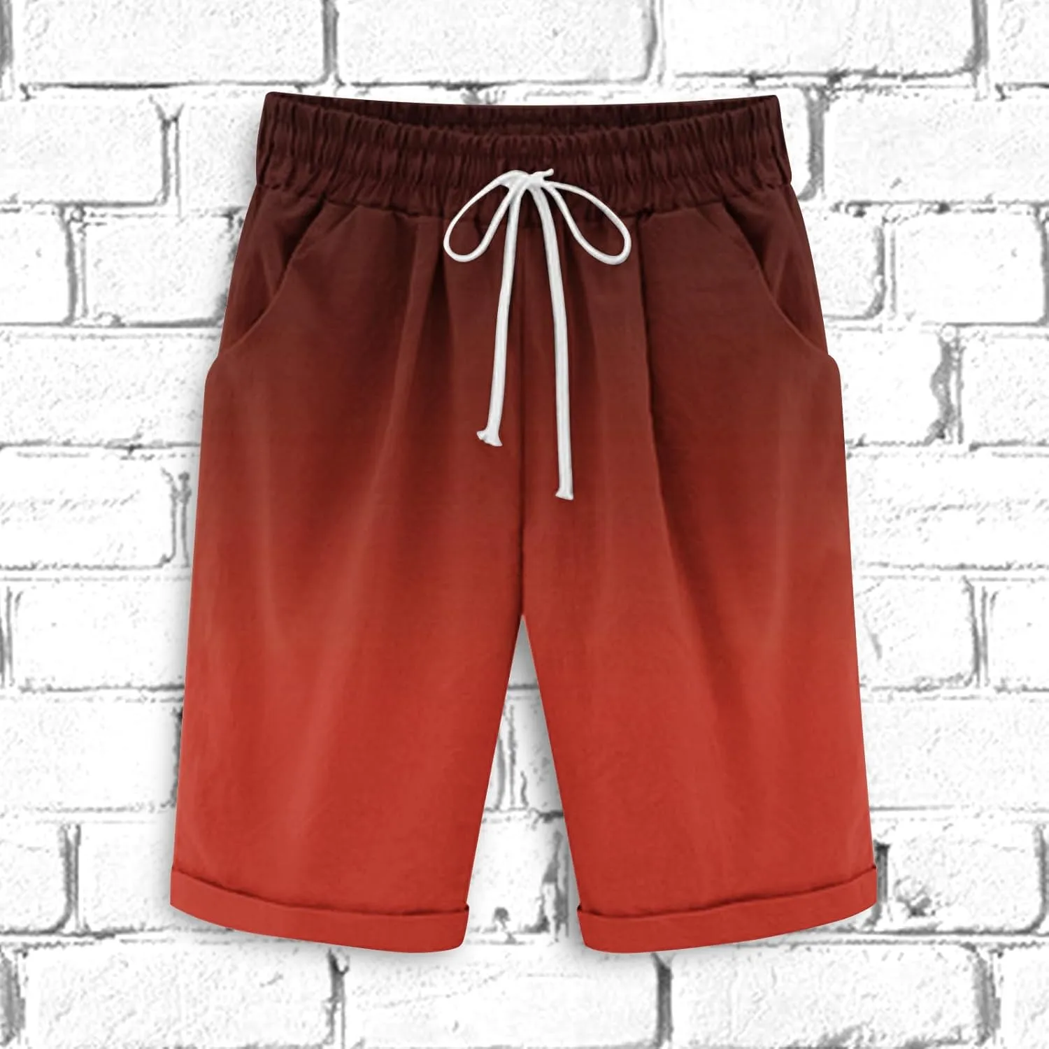 Men's Summer Beach Cotton Linen Shorts Lanyard Casual Knee Length Pants Sports Capris Shorts Trousers