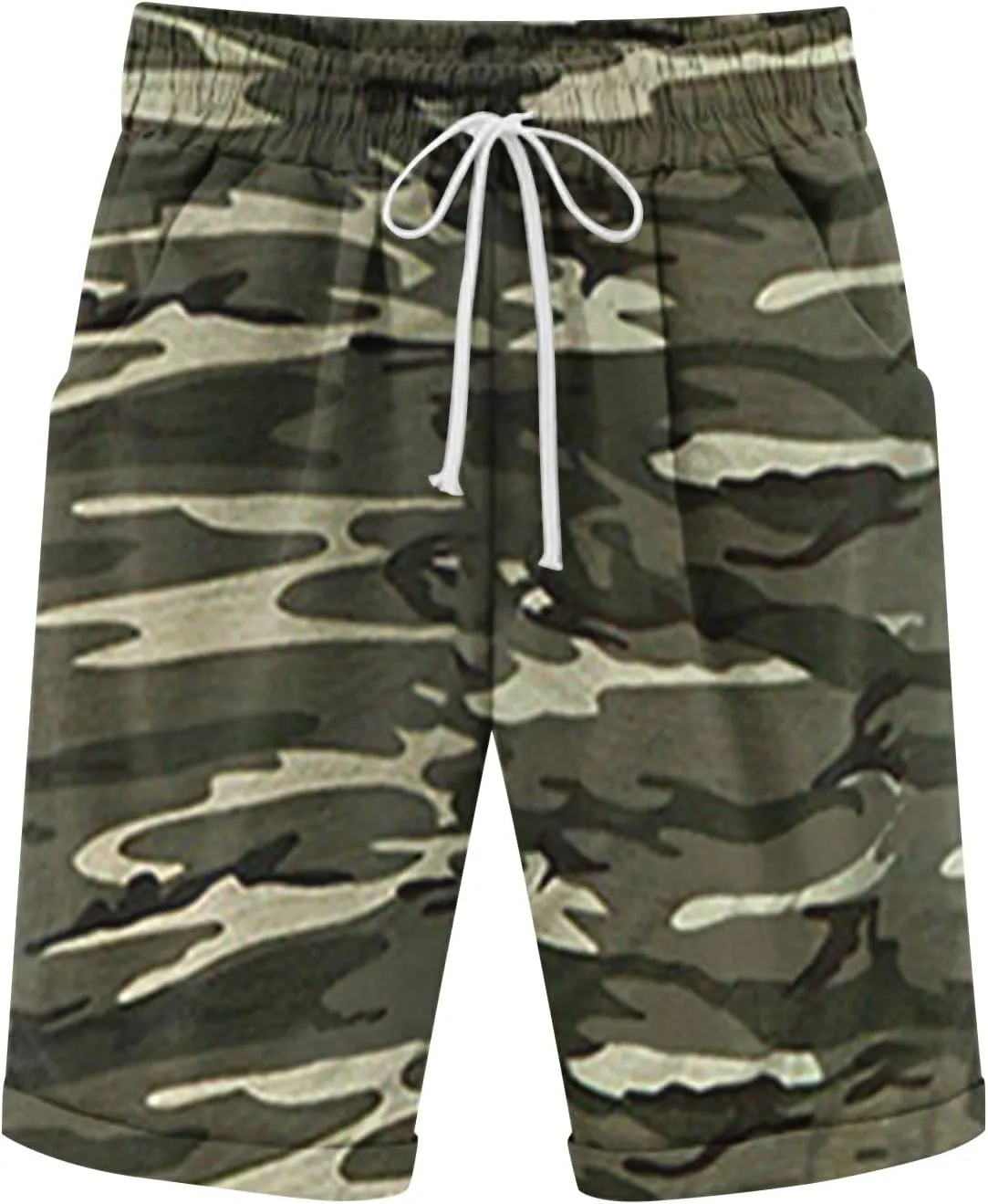 Men's Summer Beach Cotton Linen Shorts Lanyard Casual Knee Length Pants Sports Capris Shorts Trousers