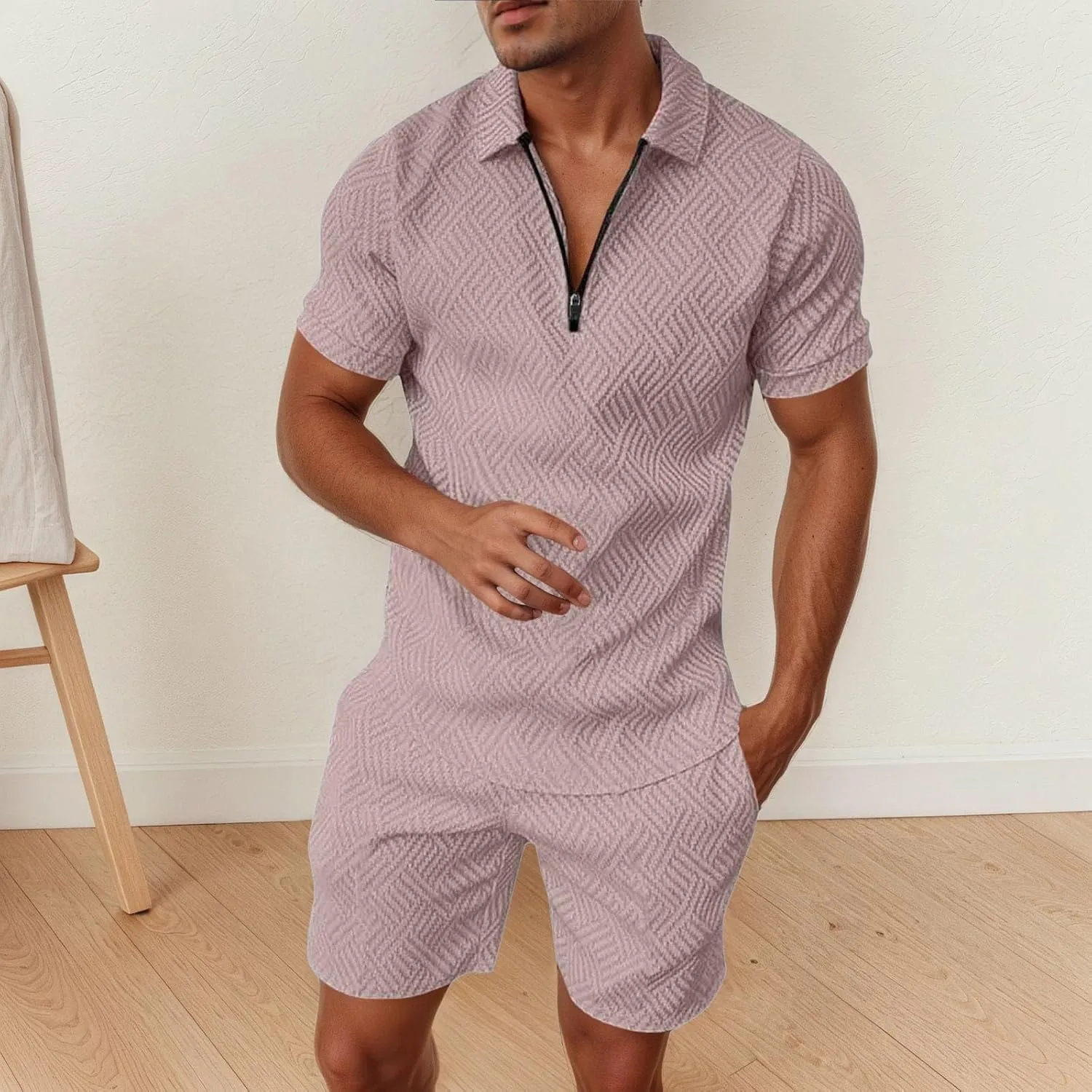 Men's Track Suits 2 Piece Striped Quarter Zipper Summer Sets Outfits Polo Shirt Breathable Casual Short Sleeve and Shorts Set