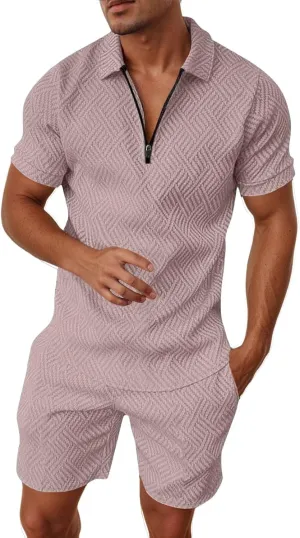 Men's Track Suits 2 Piece Striped Quarter Zipper Summer Sets Outfits Polo Shirt Breathable Casual Short Sleeve and Shorts Set