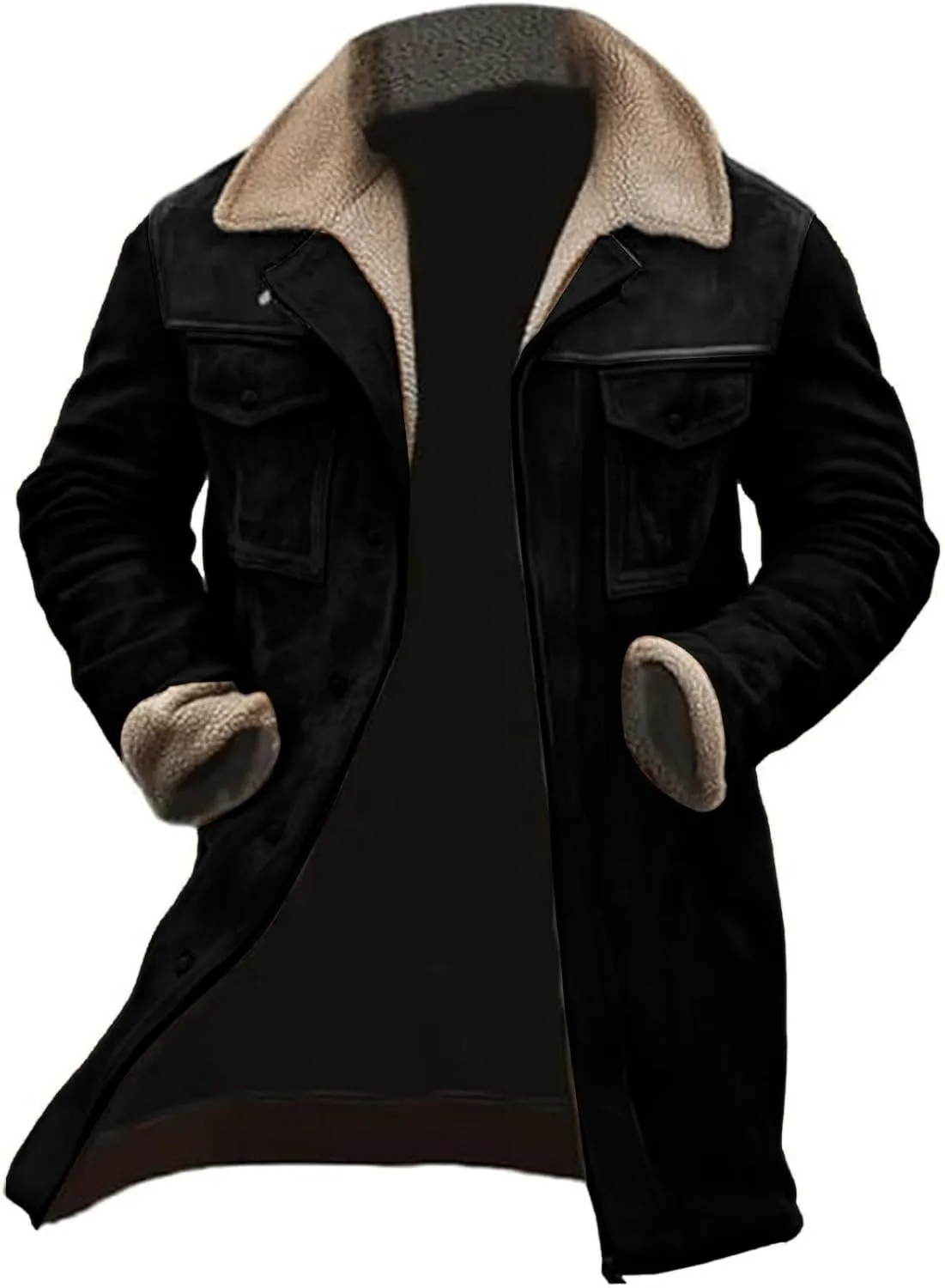 Men's Trench Coat Long Pea Coat Warm Buttons Coat Jacket Wool Long Sleeve Warm Coat Turn-down Collar Coat Vintage
