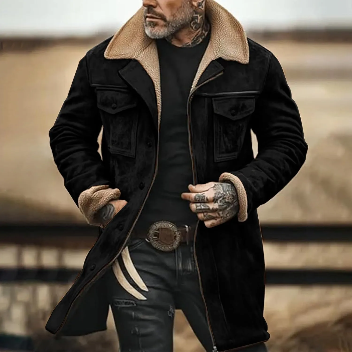 Men's Trench Coat Long Pea Coat Warm Buttons Coat Jacket Wool Long Sleeve Warm Coat Turn-down Collar Coat Vintage