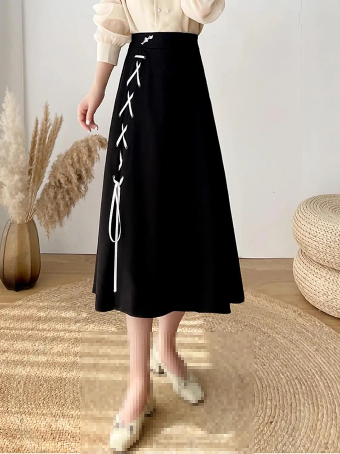 Mid-Length high-Waist A-line Flared Skirt for Women,Spring,Elastic Waist Long Skirt