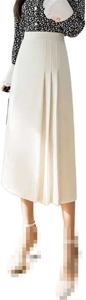 Mid-Length high-Waist Skirt for Women,Summer,A-line Pleated Flared Office Long Skirt