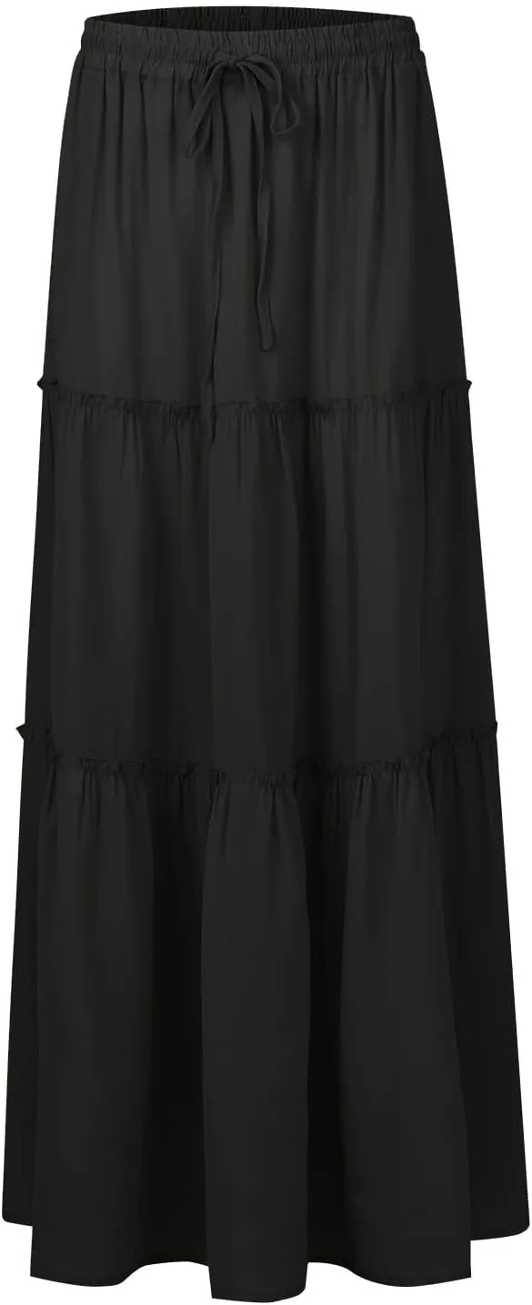 midelxp Pleated Long Skirts for Women Summer Casual Elastic High Waisted Skirts A-Line Flowy Swing Maxi Skirt with Pockets