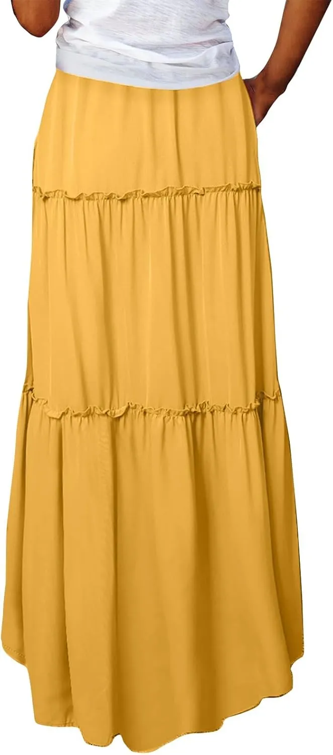 midelxp Pleated Long Skirts for Women Summer Casual Elastic High Waisted Skirts A-Line Flowy Swing Maxi Skirt with Pockets