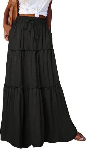 midelxp Pleated Long Skirts for Women Summer Casual Elastic High Waisted Skirts A-Line Flowy Swing Maxi Skirt with Pockets