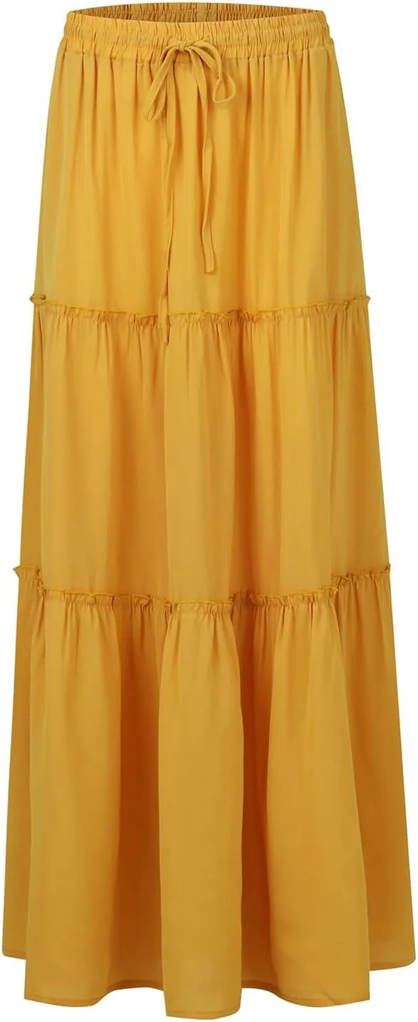 midelxp Pleated Long Skirts for Women Summer Casual Elastic High Waisted Skirts A-Line Flowy Swing Maxi Skirt with Pockets