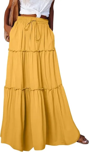 midelxp Pleated Long Skirts for Women Summer Casual Elastic High Waisted Skirts A-Line Flowy Swing Maxi Skirt with Pockets