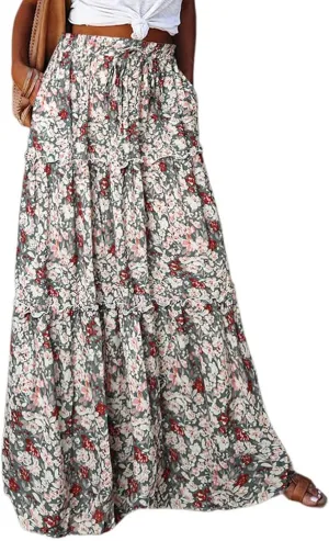 midelxp Pleated Long Skirts for Women Summer Casual Elastic High Waisted Skirts A-Line Flowy Swing Maxi Skirt with Pockets