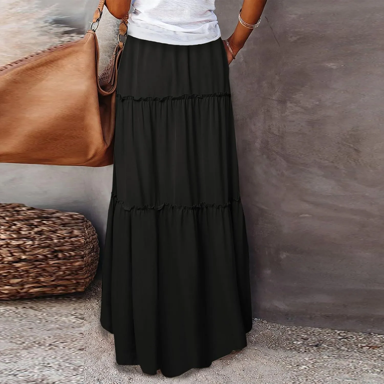 midelxp Pleated Long Skirts for Women Summer Casual Elastic High Waisted Skirts A-Line Flowy Swing Maxi Skirt with Pockets