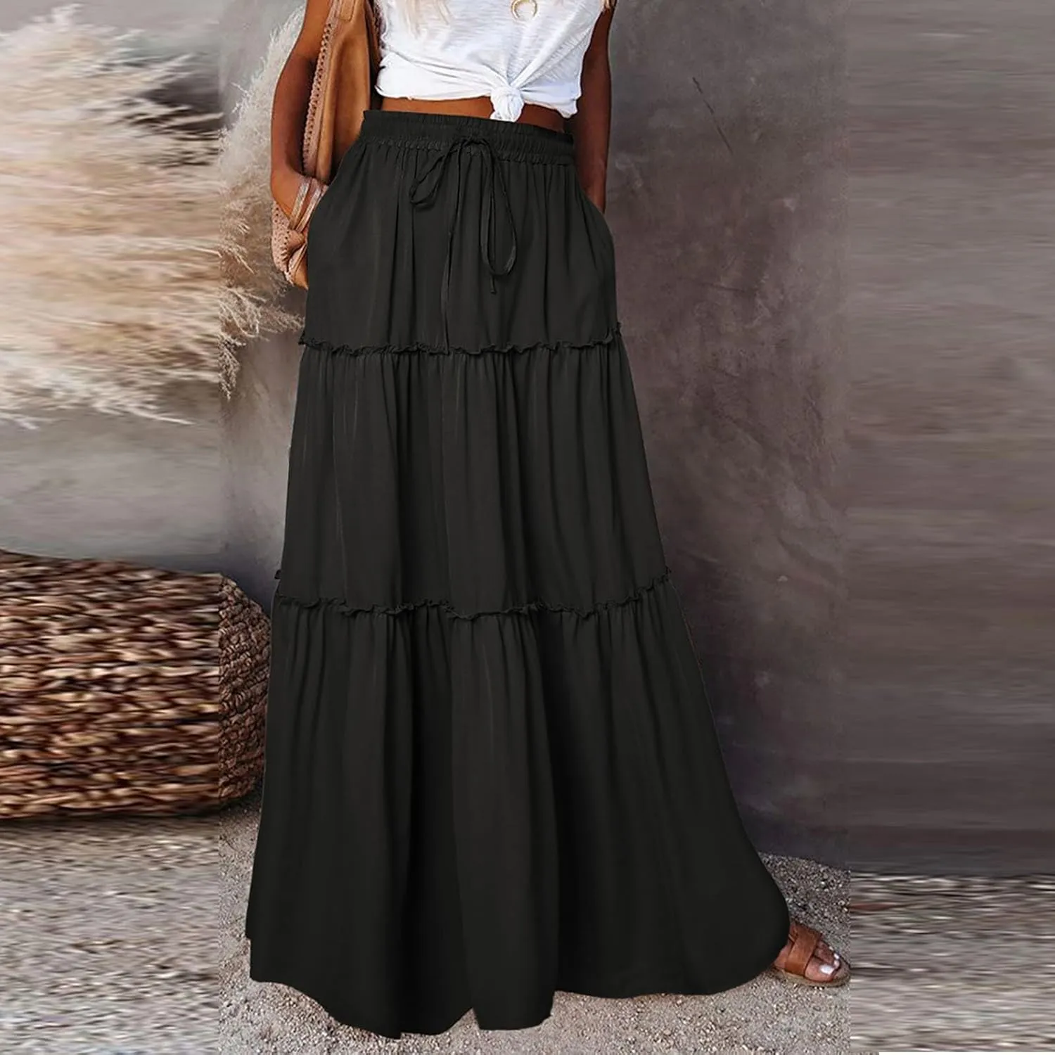midelxp Pleated Long Skirts for Women Summer Casual Elastic High Waisted Skirts A-Line Flowy Swing Maxi Skirt with Pockets