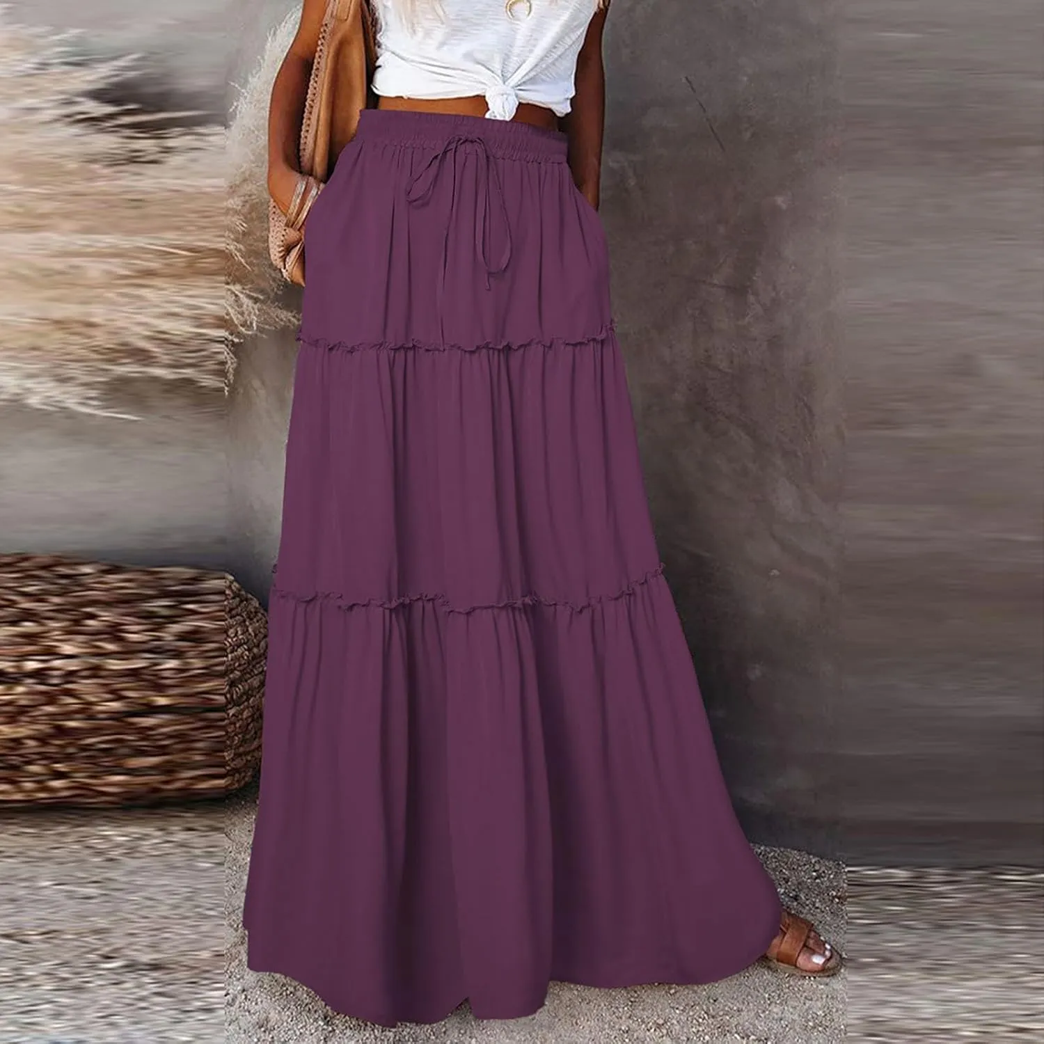 midelxp Pleated Maxi Skirts for Women Casual Ruffle Tiered Elastic High Waisted Skirts A-Line Flowy Long Skirt with Pockets
