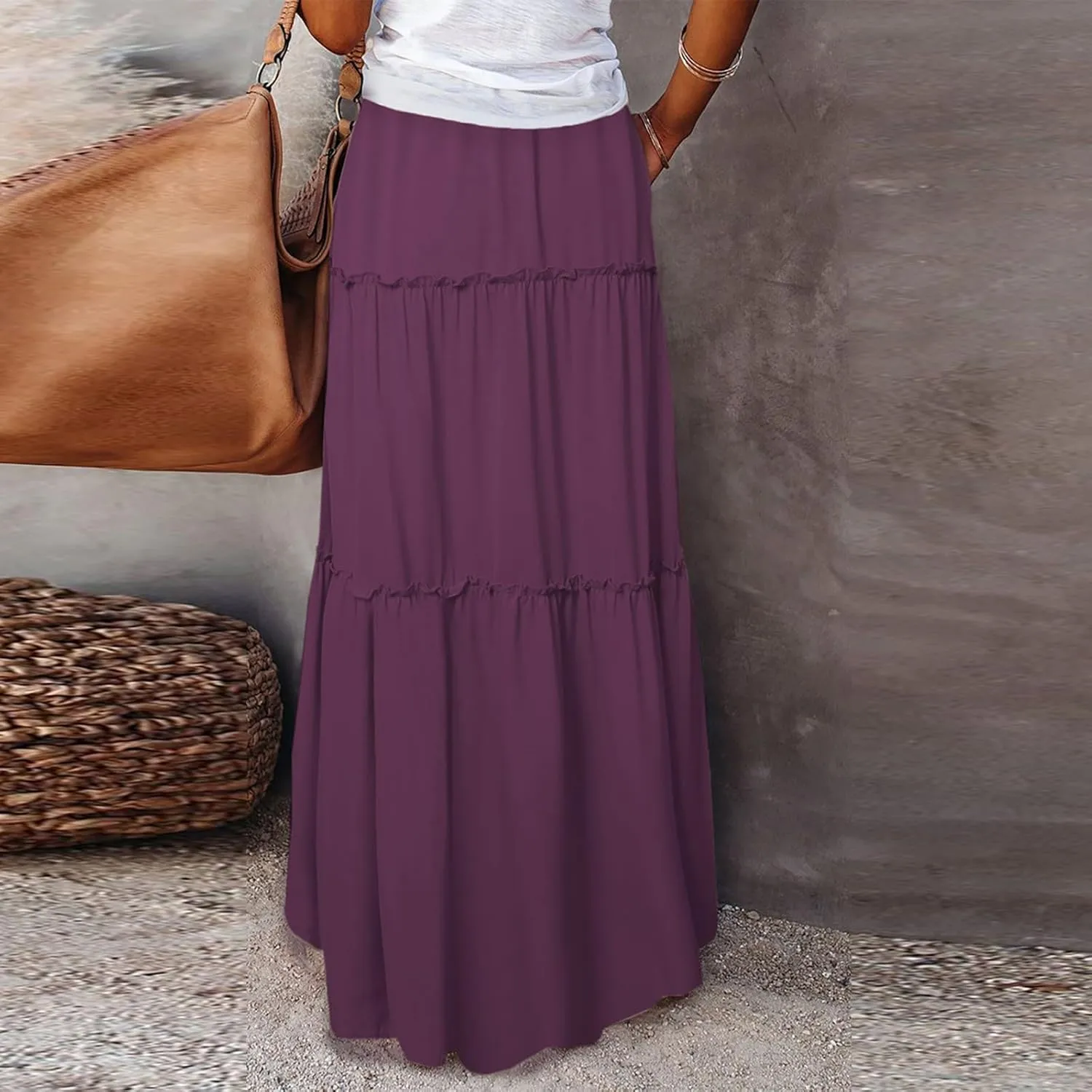 midelxp Pleated Maxi Skirts for Women Casual Ruffle Tiered Elastic High Waisted Skirts A-Line Flowy Long Skirt with Pockets