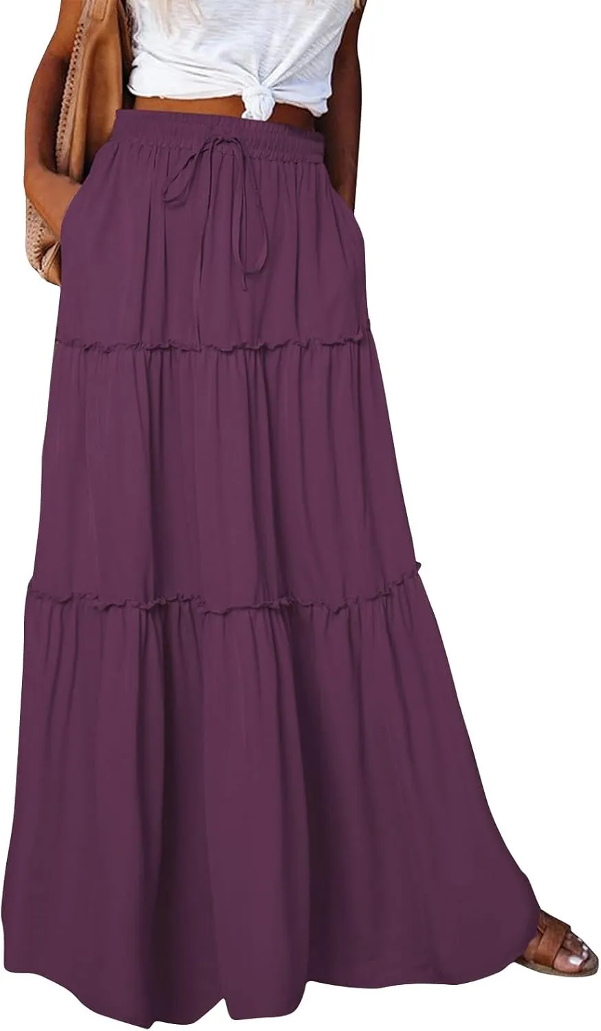 midelxp Pleated Maxi Skirts for Women Casual Ruffle Tiered Elastic High Waisted Skirts A-Line Flowy Long Skirt with Pockets