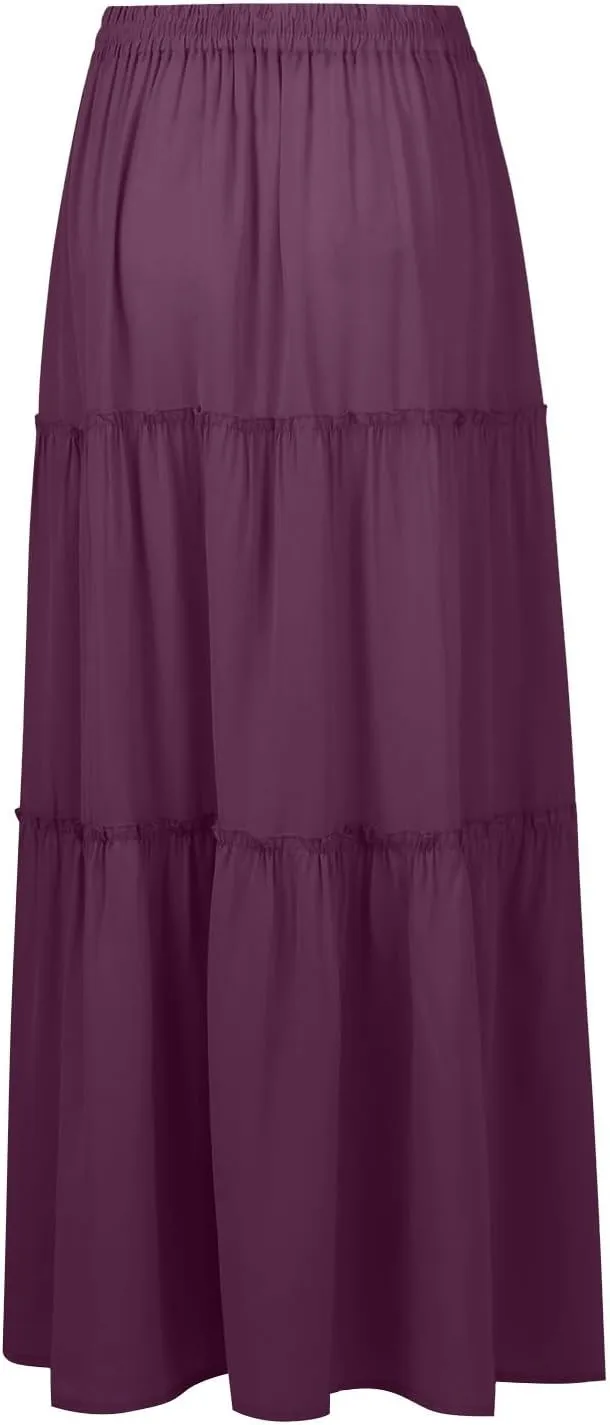 midelxp Pleated Maxi Skirts for Women Casual Ruffle Tiered Elastic High Waisted Skirts A-Line Flowy Long Skirt with Pockets