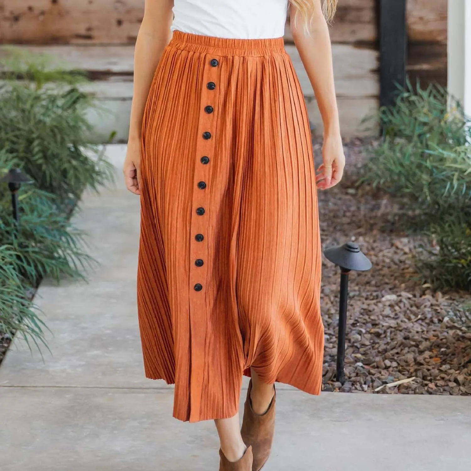 Midi Skirts for Women Summer Casual Elastic High Waisted Buttons Front A-Line Flowy Skirt Fashion Elegant Skirts