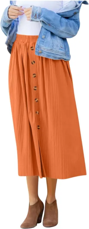Midi Skirts for Women Summer Casual Elastic High Waisted Buttons Front A-Line Flowy Skirt Fashion Elegant Skirts