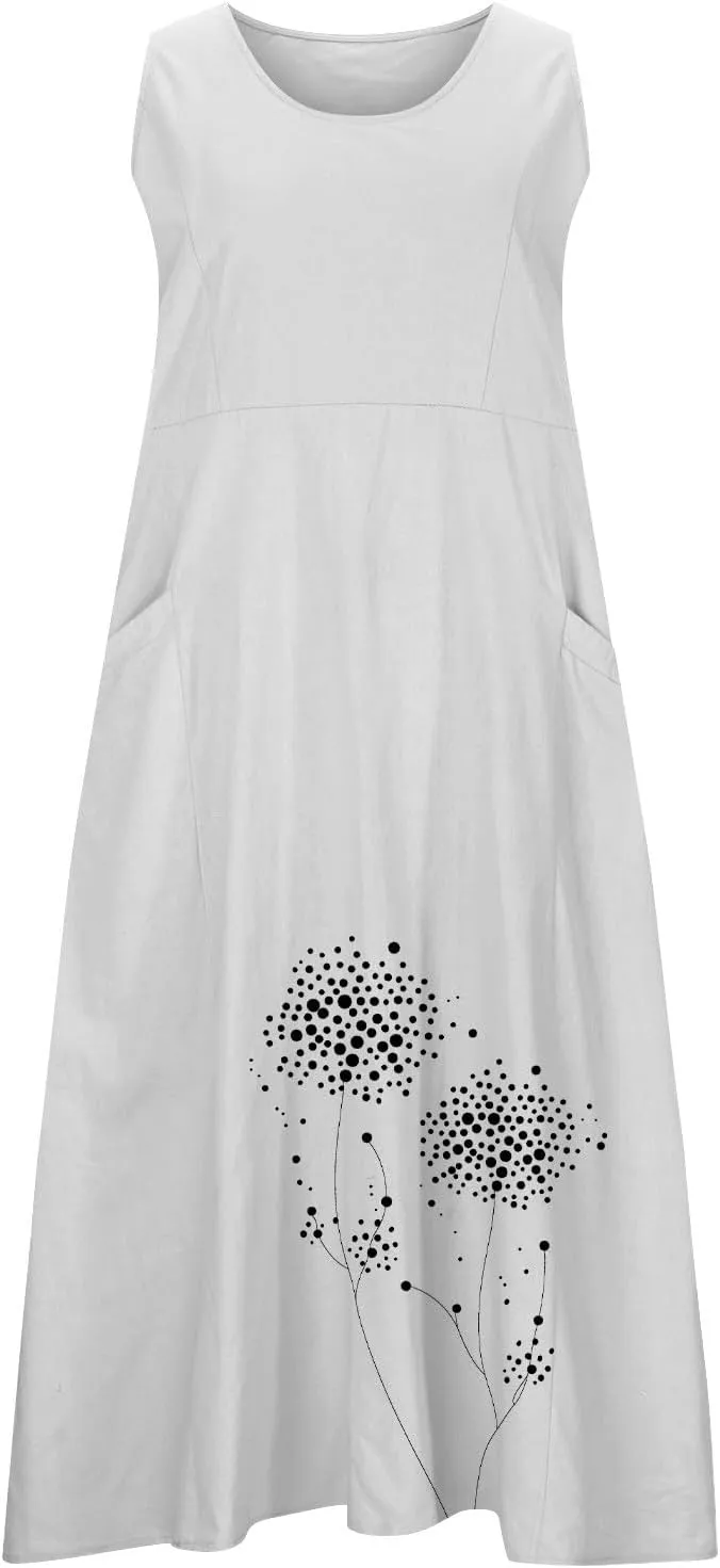 Midi Summer Dresses for Women 2025 Vacation Linen Sleeveless Scoop Neck Print Flowy Sundress Loose Beach Dress Pocket