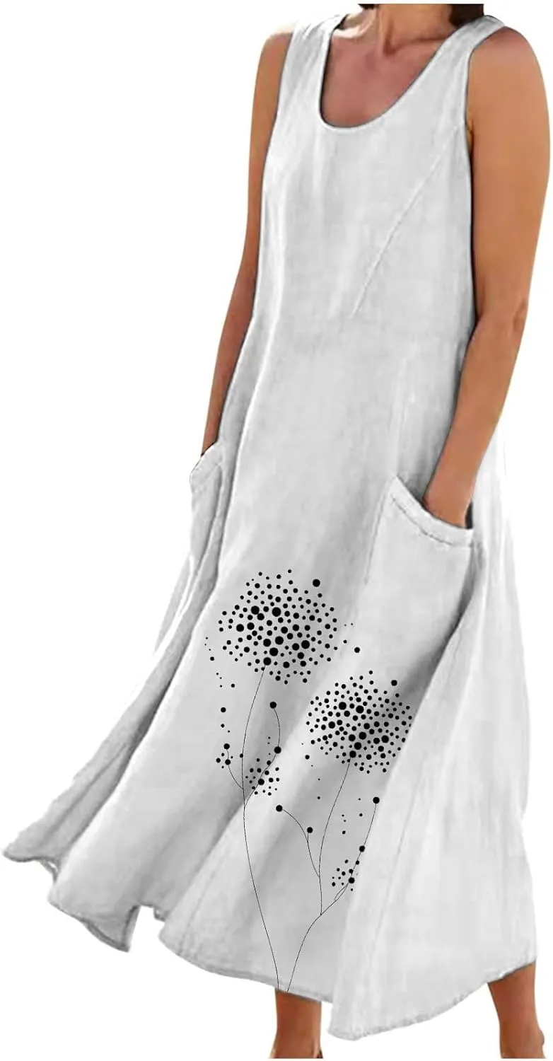 Midi Summer Dresses for Women 2025 Vacation Linen Sleeveless Scoop Neck Print Flowy Sundress Loose Beach Dress Pocket