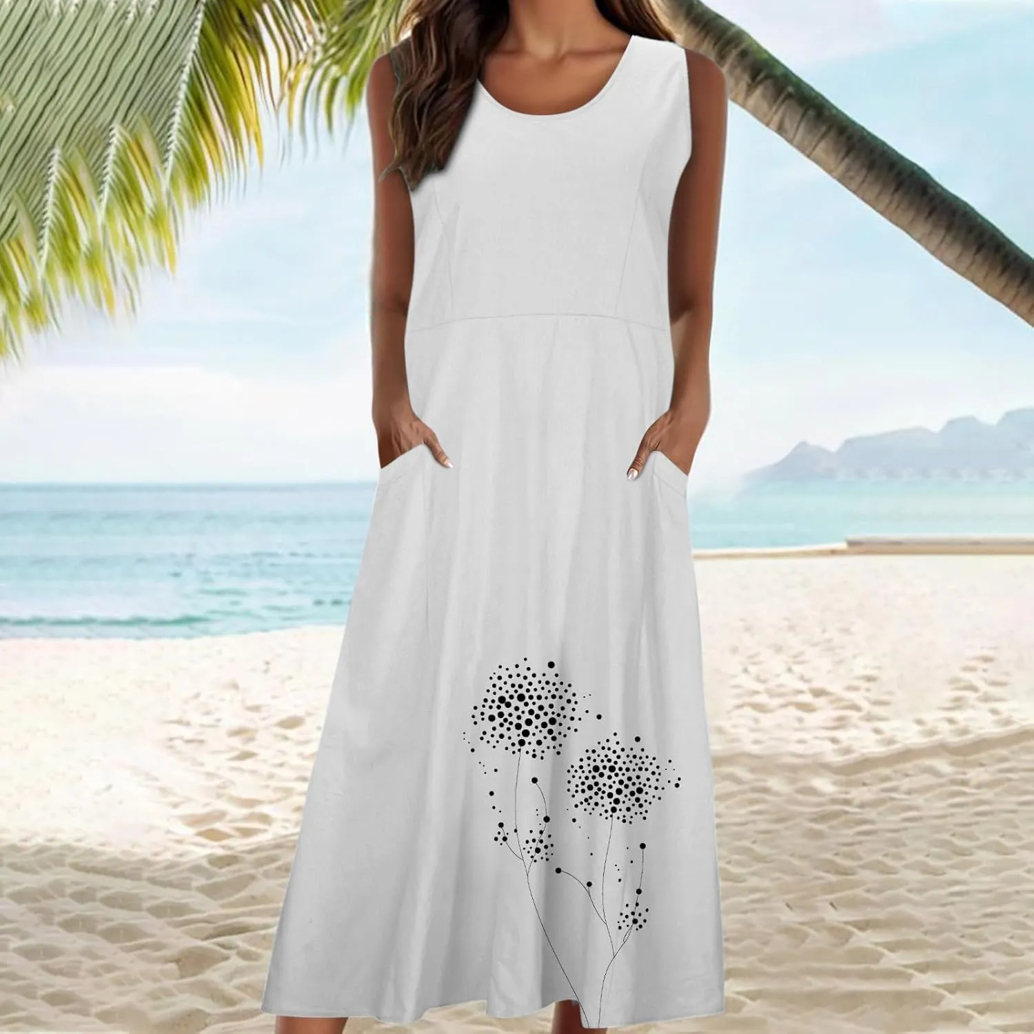 Midi Summer Dresses for Women 2025 Vacation Linen Sleeveless Scoop Neck Print Flowy Sundress Loose Beach Dress Pocket