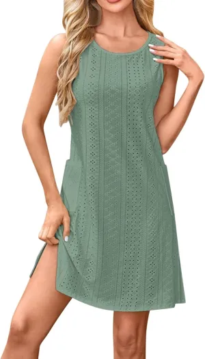 Mini Eyelet Dress for Women Summer Beach Vacation Crewneck Sleeveless Short Sundresses Casual Swimsuit Cover Up for Women