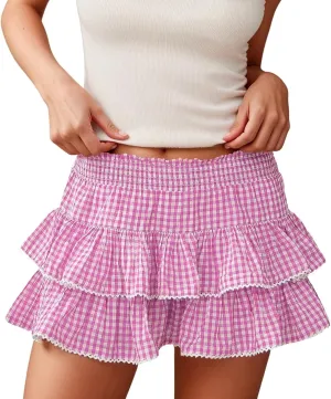 Mini Skirt for Women Trendy 2025 Summer High Elastic Waist Striped Double Ruffles Pleated Fairy Mini Skirts Underskirt