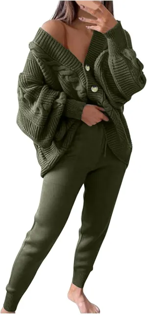 MINzYI Womens Sweaters 2 Piece Outfits Button down V Neck Long Sleeve Knit Cardigans Tight Pant Casual Comfy Soft Lounge Sets