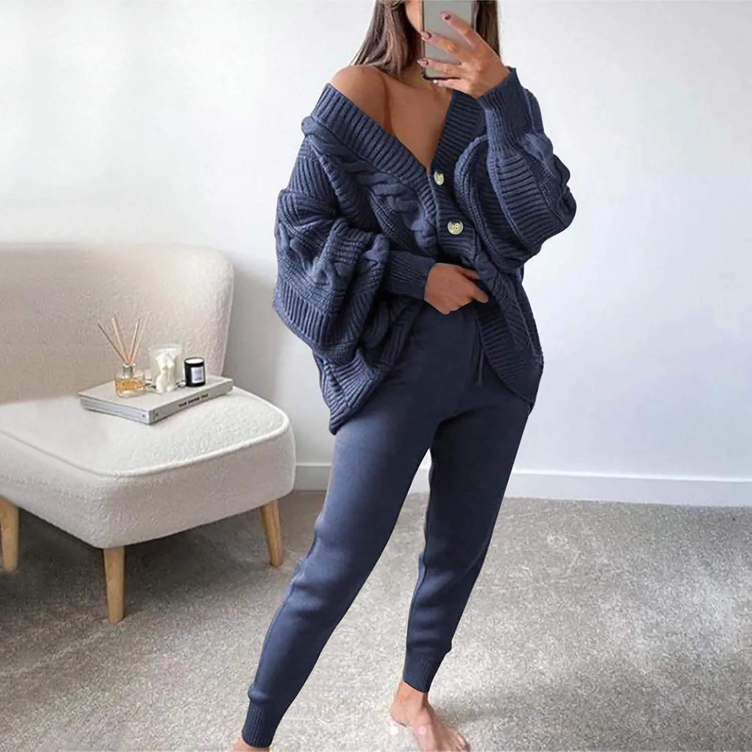 MINzYI Womens Sweaters 2 Piece Outfits Button down V Neck Long Sleeve Knit Cardigans Tight Pant Casual Comfy Soft Lounge Sets