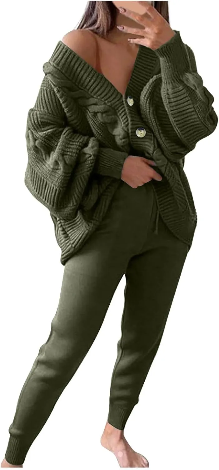 MINzYI Womens Sweaters 2 Piece Outfits Button down V Neck Long Sleeve Knit Cardigans Tight Pant Casual Comfy Soft Lounge Sets